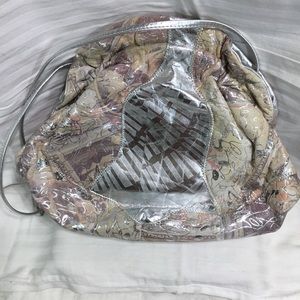 In the Bag leather pouch purse, silver thread motif, snap closure, 13” by 10”